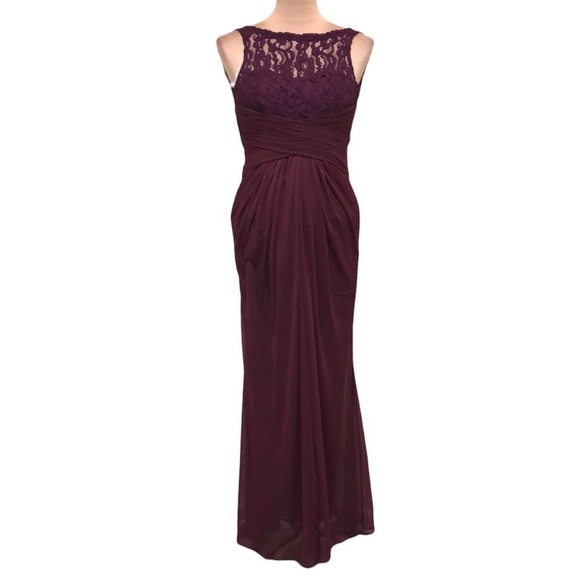 David’s Bridal Maxi Dress Size 0 Burgundy Floral Lace Pleated Ruched Column Gown - Picture 1 of 10